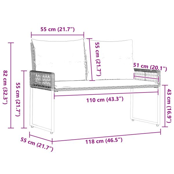 Външна пейка с възглавница Сив 118 x 55 x 82 см PE ратан и плат