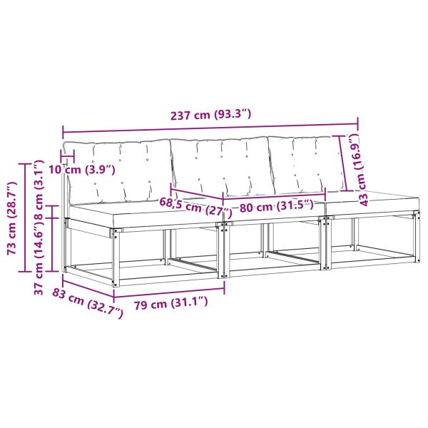 3 Брой Среден диван за открито Солидно акациево дърво Естествен