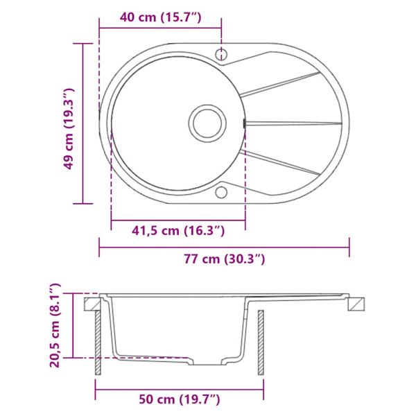 Гранитна кухненска мивка с едно корито, овална, бежова
