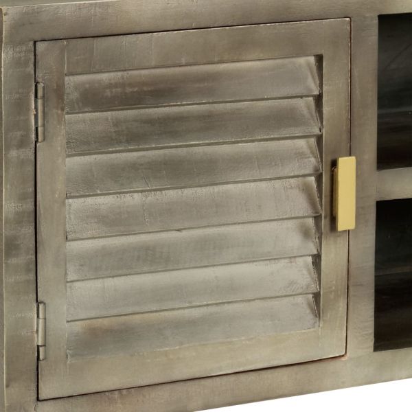 ТВ шкаф, масивно мангово дърво, сиво с месинг, 110x30x48 см