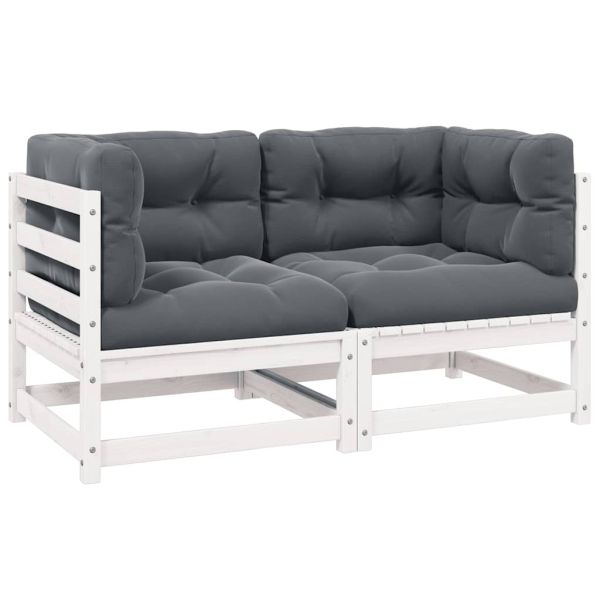 Градински 2-местен диван с възглавници, бял, борово дърво масив