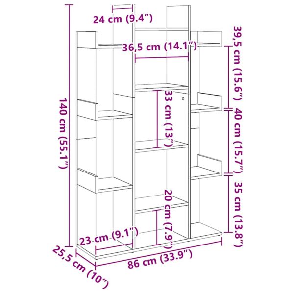 Библиотека, опушен дъб, 86x25,5x140 см, инженерно дърво