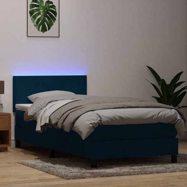 Боксспринг легло с матрак и LED, тъмносиньо, 80x210 cm, кадифе