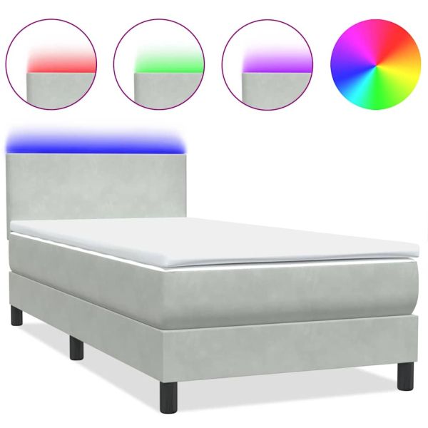 Боксспринг легло с матрак и LED, светлосиво, 90x210 см, кадифе
