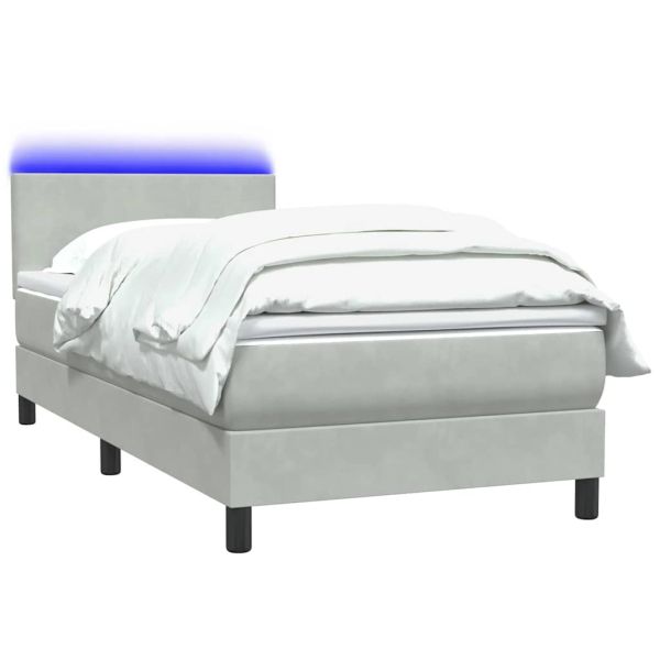 Боксспринг легло с матрак и LED, светлосиво, 90x210 см, кадифе