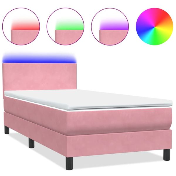 Боксспринг легло с матрак и LED, розово, 90x210 см, кадифе