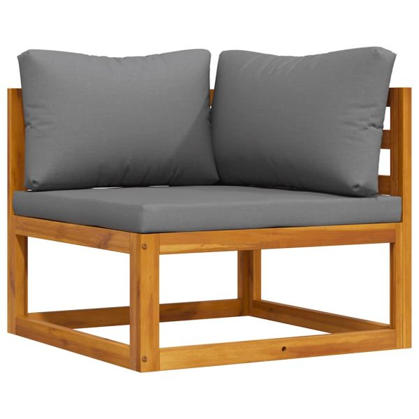 Модулен ъглов диван тъмносиви възглавници акациево дърво масив