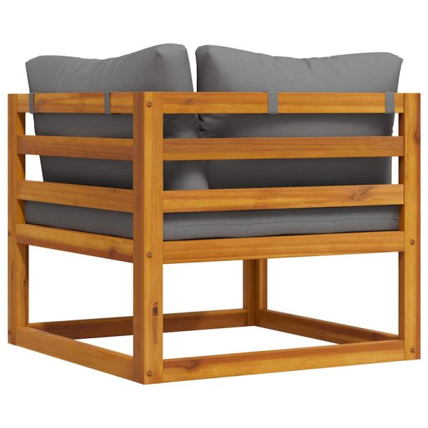 Модулен ъглов диван тъмносиви възглавници акациево дърво масив