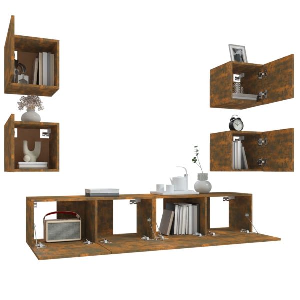 Комплект ТВ шкафове от 6 части, опушен дъб, инженерно дърво