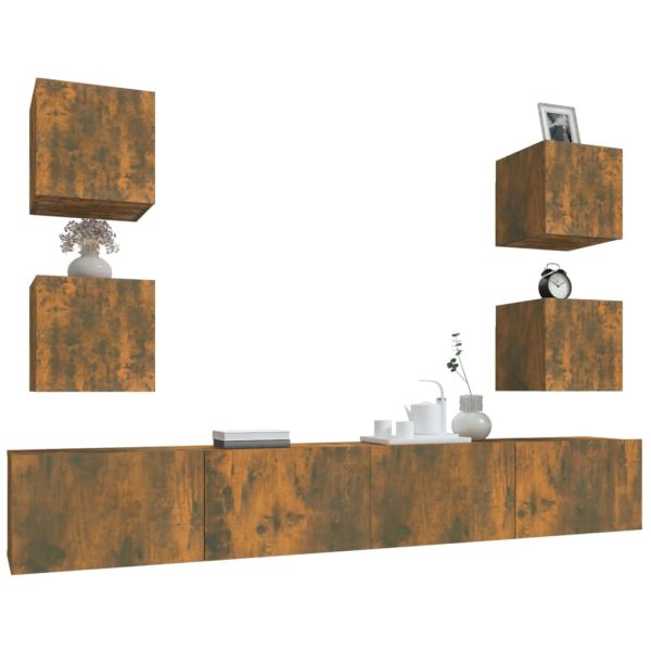 Комплект ТВ шкафове от 6 части, опушен дъб, инженерно дърво