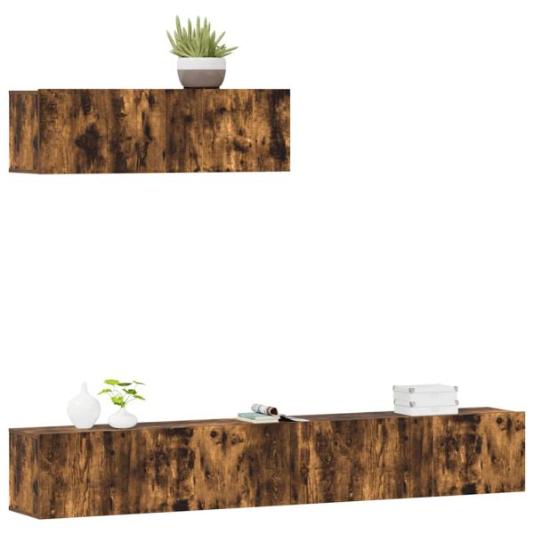 Комплект ТВ шкафове от 3 части, опушен дъб, инженерно дърво