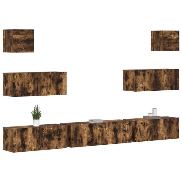 Комплект ТВ шкафове от 7 части, опушен дъб, инженерно дърво