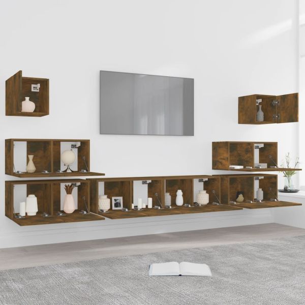 Комплект ТВ шкафове от 8 части, опушен дъб, инженерно дърво