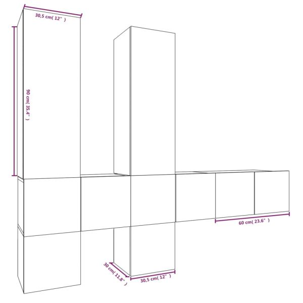 Комплект ТВ шкафове от 7 части, опушен дъб, инженерно дърво