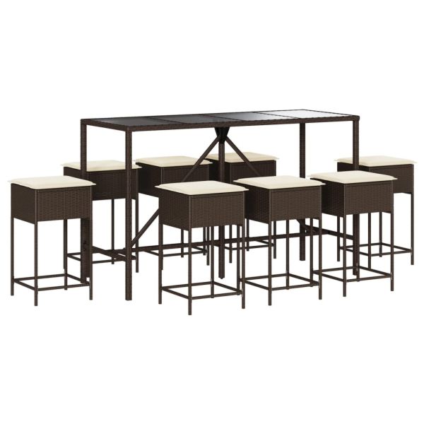 Градински бар комплект с възглавници 9 части кафяв полиратан