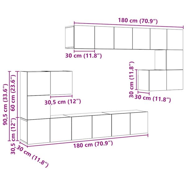 Комплект ТВ шкафове от 10 части, бетонно сиви, инженерно дърво
