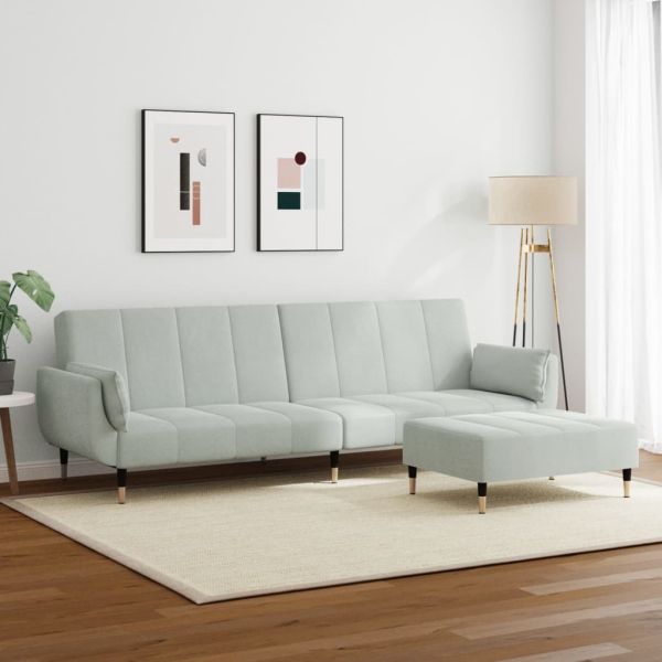 2-местно разтегателно канапе с табуретка, светлосиво, кадифе