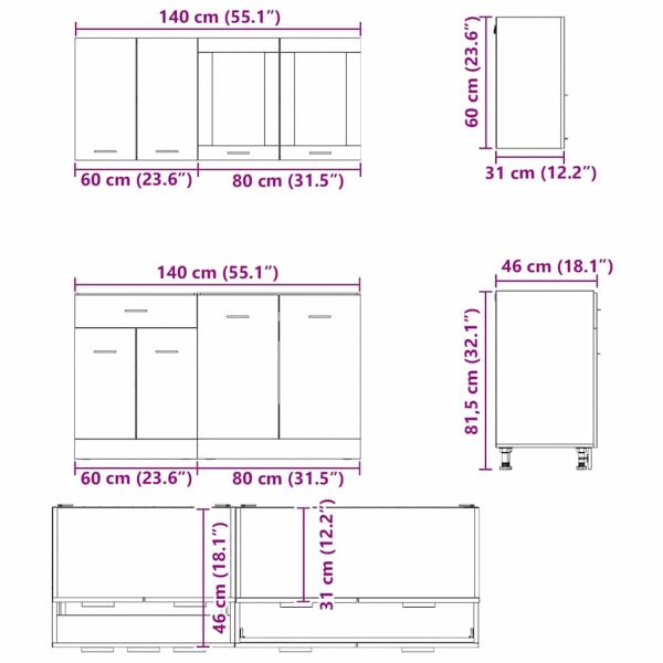 Комплект кухненски шкафове с чекмедже Lyon 4 pcs Сив сонома