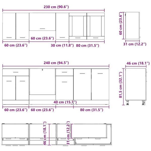 Комплект кухненски шкафове с чекмедже Lyon 8 pcs Сив Сонома