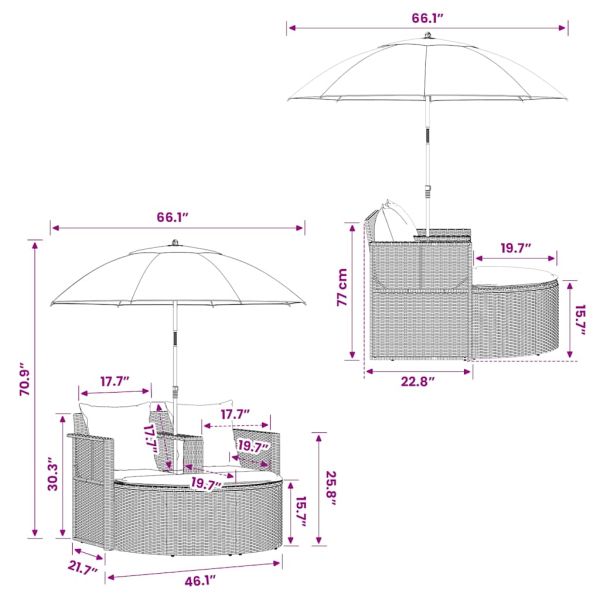 2-местен градински диван с възглавници и чадър сив полиратан