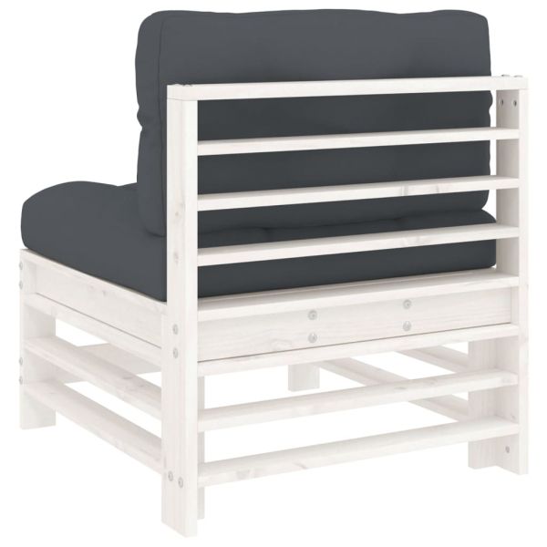 Среден диван с възглавници, бял, борово дърво масив