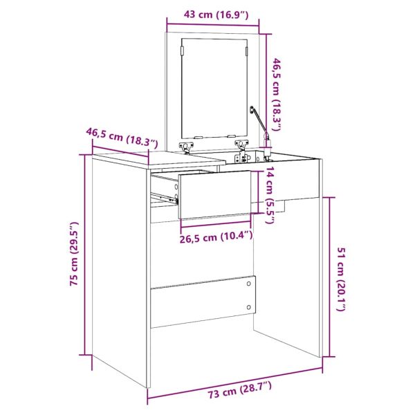 Тоалетка с огледало, бяла, 73x46,5x120 см