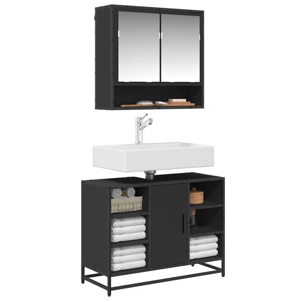 Шкаф за мивка за баня, черен, 80x33x60 см, инженерно дърво
