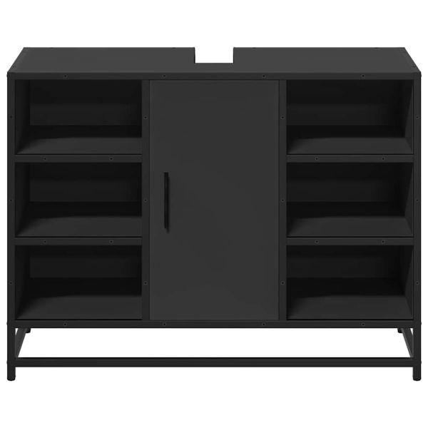 Шкаф за мивка за баня, черен, 80x33x60 см, инженерно дърво