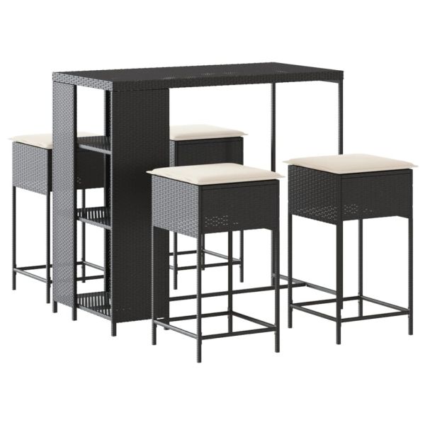 Градински бар комплект с възглавници 5 части черен полиратан