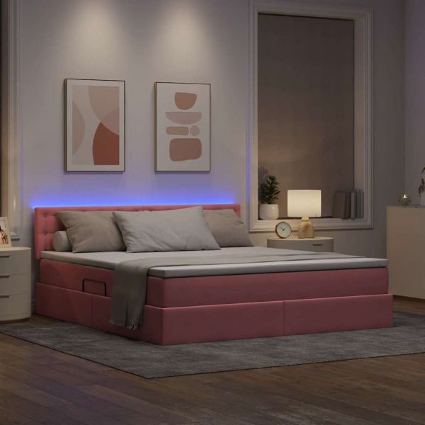 Легло с място за съхранение и LED Розово 160 x 200 cm Кадифе