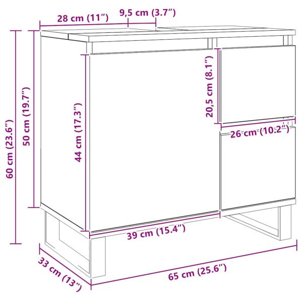 Шкаф за мивка за баня, дъб артизан, 65x33x60см, инженерно дърво