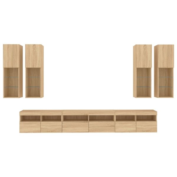 Комплект ТВ стенни шкафове, 7 части, с LED светлини, сонома дъб