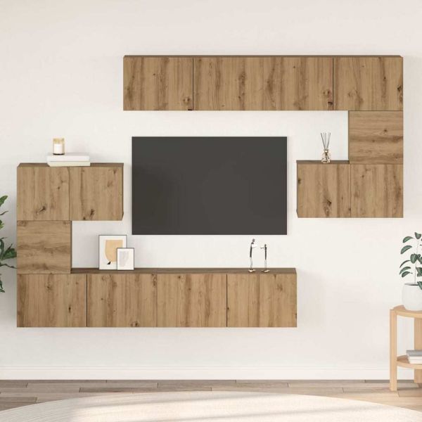 Комплект ТВ шкаф Монтиране на стена 8 pcs Дъб Инженерно дърво