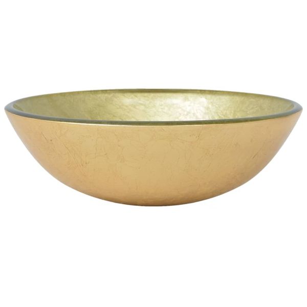 Мивка за баня с кран и сифон, златисто закалено стъкло