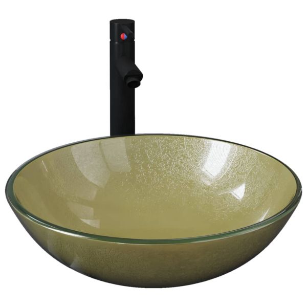 Мивка за баня с кран и сифон, златисто закалено стъкло