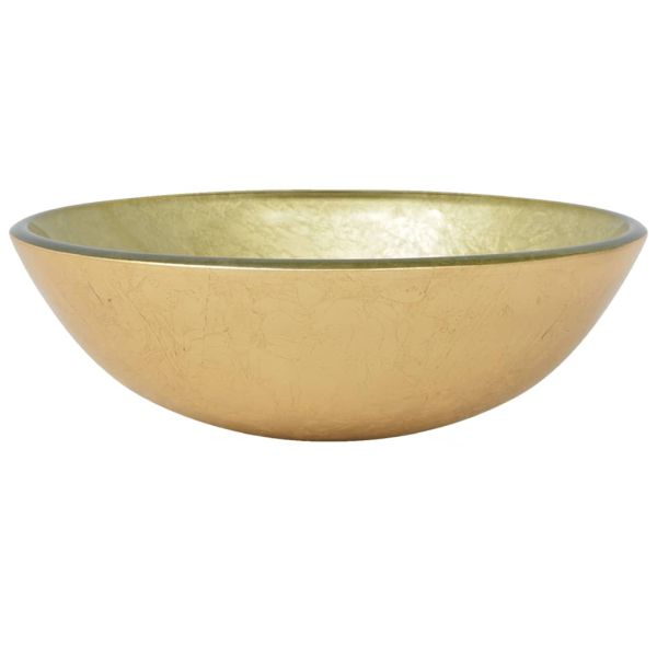 Мивка за баня с кран и сифон, златисто закалено стъкло