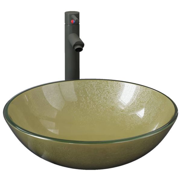 Мивка за баня с кран и сифон, златисто закалено стъкло