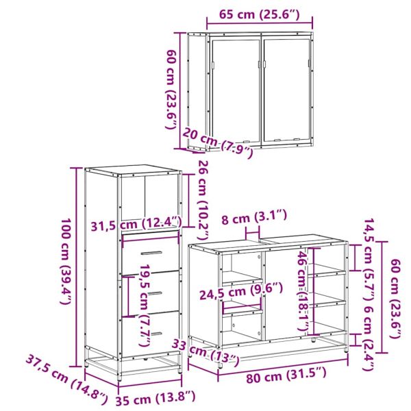 Комплект шкафове за баня от 3 части дъб сонома инженерно дърво