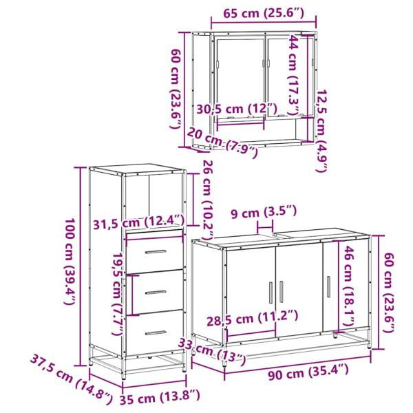 Комплект шкафове за баня от 3 части дъб сонома инженерно дърво