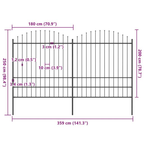 Градинска ограда с връх тип копие, стомана, 359x200 см, черна