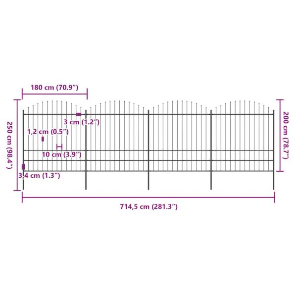 Градинска ограда с връх тип копие, стомана, 714,5x200 см, черна