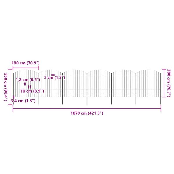 Градинска ограда с връх тип копие, стомана, 1070x200 см, черна