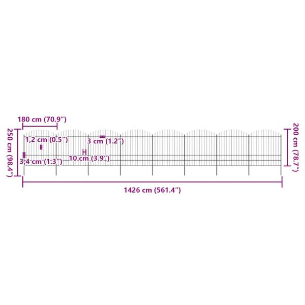 Градинска ограда с връх тип копие, стомана, 1426x200 см, черна