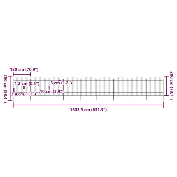 Градинска ограда с връх тип копие, стомана, 1603,5x200 см, черна