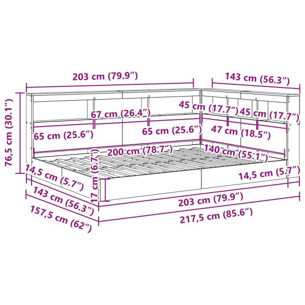 Легло с библиотека Бетонно сиво 140 x 200 cm Инженерно дърво