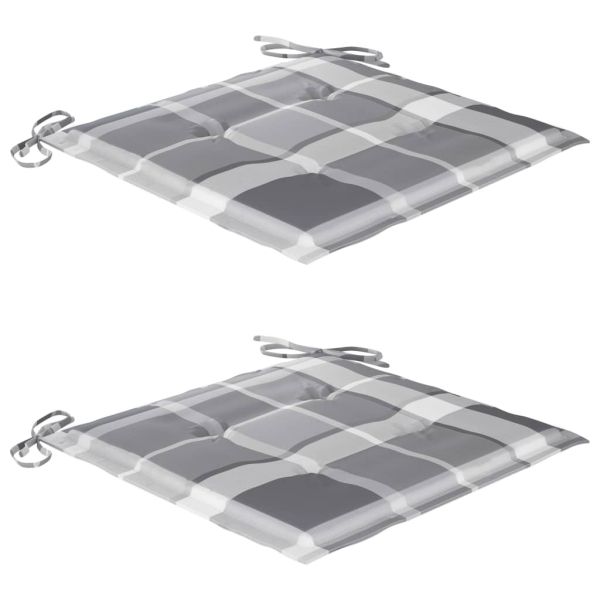 Градински столове, 2 бр, възглавници на сиво каре, тик масив