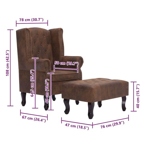 Фотьойл Честърфийлд с табуретка, кафяв, изкуствен велур