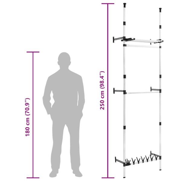 Телескопична система за гардероб с лостове и рафт, алуминий