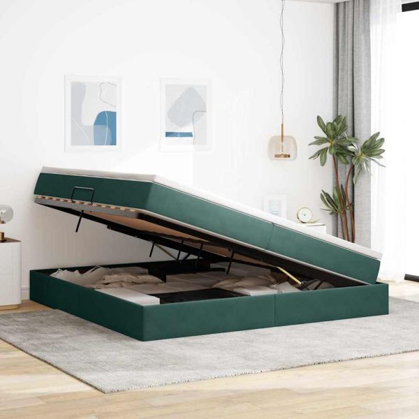 Легло с място за съхранение и матрак Тъмен зелен 200 x 200 cm
