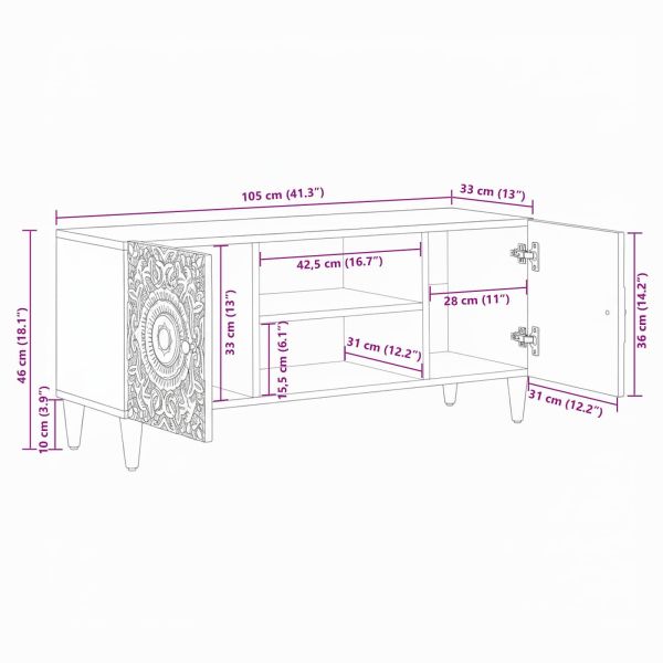 ТВ шкаф Бяло 105 x 33,5 x 46 см Солидно мангово дърво
